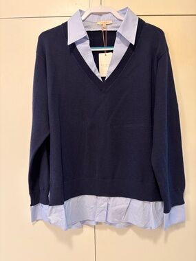 NWT Navy V-Neck Layered Sweater with Light Blue Shirt Hem